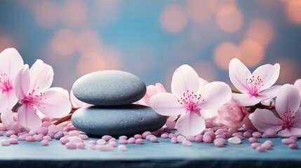 spa wellness: stones for massage and rose Flowers copy space
 - obrazy, fototapety, plakaty