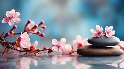 Set of pink orchid flowers and gray spa stones on water and reflection Copy Space
