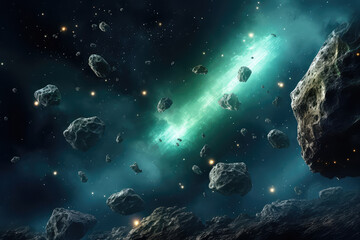 Obraz premium Abstract cosmic background with asteroids and glowing stars