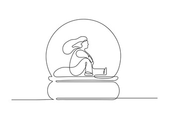 Woman sitting and looking from glass globe. Loneliness, social phobia, introversion concept. Psychology metaphor. Continuous line drawing.
