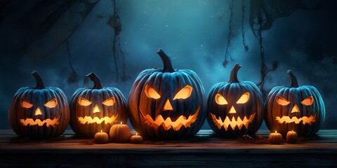 Halloween eerie pumpkin, scary landscape.
