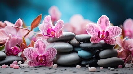 Fototapeta na wymiar Panoramic still life for harmony in spa, massage or yoga. Stack of spa mineral blueish tone pebbles with pink flowers on defocused wellness background Copy Space 