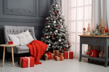 Interior of modern room with Santa bag, treats and Christmas tree.generative ai.