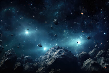 Abstract cosmic background with asteroids and glowing stars