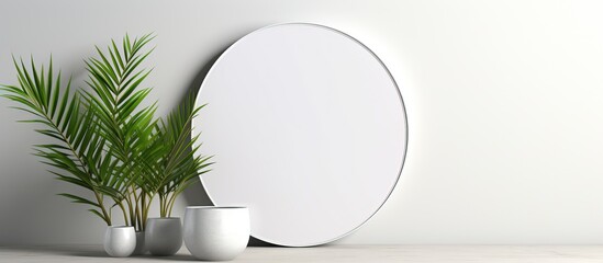 a white circular mirror against a white backdrop displaying beauty - obrazy, fototapety, plakaty