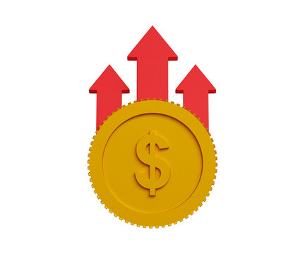 3D financial crisis concept. Inflation, tax, cash flow, value increase. Dollar coin with red rising arrows. 3d illustration