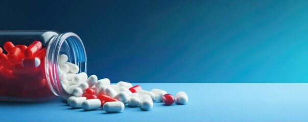 Many pills pilled of jar together, pain relief and addiction banner panorama. Generative Ai
