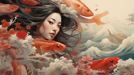 koi fish and girl by arthur wilson, in the style of realistic hyper-detailed rendering, warm color palette, stormy seascapes, dreamlike illustration, serene faces, flowing lines, Generative AI - obrazy, fototapety, plakaty