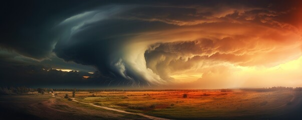 Landscape view on tornado storm weather destroying planet, panorama banner. Generative Ai.