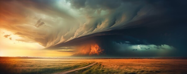 Landscape view on tornado storm weather destroying planet, panorama banner. Generative Ai.