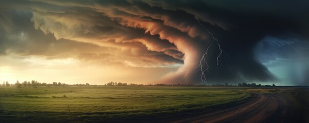 Landscape view on tornado storm weather destroying planet, panorama banner. Generative Ai. - obrazy, fototapety, plakaty