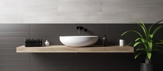 Fototapeta na wymiar Contemporary sink in tiled restroom with mirror