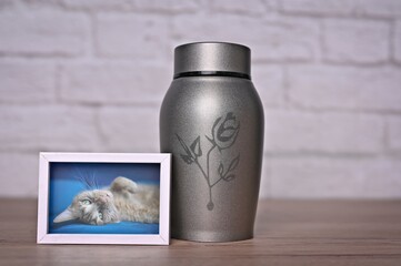 In remembrance of a pet. Decorative urn , next to a photograph of the pet on the table. Horizontal...