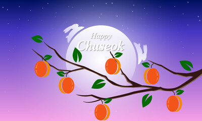 Chuseok persimmon branch moon rabbit Korean Mid Autumn Festival, vector art illustration.