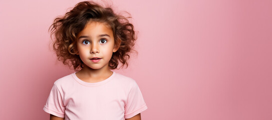 A child blushing uncomfortably isolated on a pink gradient background  - obrazy, fototapety, plakaty