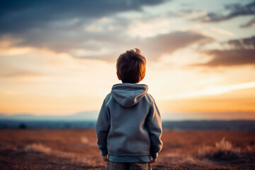 A child gazing at the horizon isolated on a dusk gradient background 