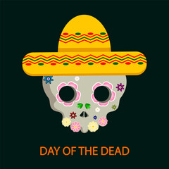 Dead day Dia de los Muertos skull with flowers in hat, vector art illustration.