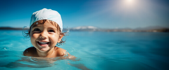 A child taking first swimming lesson isolated on a blue gradient background 
