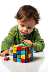 A puzzled child scrutinizing a geometry cube isolated on a white background 