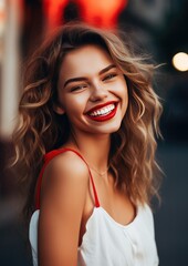 Naklejka premium Portrait of happy women with perfect smile with nice white teeth and red lipstick. Generative Ai.