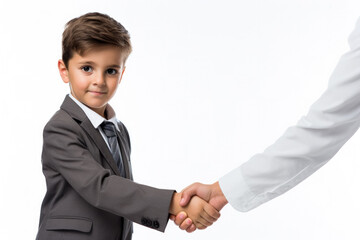 A shy child avoiding eye contact during a handshake isolated on a white background 