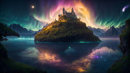 Fantasy Landscape Wallpaper, Magnificent Castle, Beautiful Aurora, Reflective, Magical, Generative AI