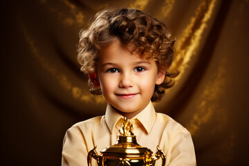 A victorious child holding a first place trophy isolated on a gold gradient background  - obrazy, fototapety, plakaty