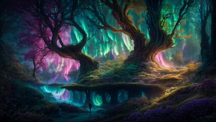 Fantasy Landscape Wallpaper, Mysterious Forests, Aurora, Giant Trees, Magical, Generative AI
