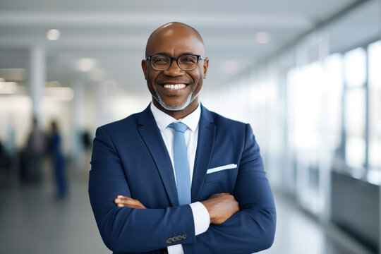 Portrait of mid aged smiling African American businessman in glasses with crossed arms standing in office. Confident mature middle age black man leader, professional manager, lawyer