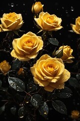 Yellow rose isolated on black with water drops. ai generative