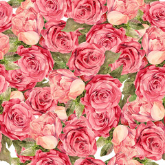 seamless pattern ornament with bright watercolor red roses in red color