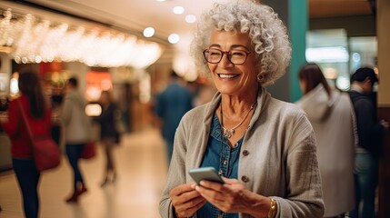 Relaxed elderly woman Middle-aged female customer holds smartphone using mobile app in shopping mall - obrazy, fototapety, plakaty