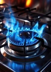 Detail view on gas cooker with blue flame on while cooking in the kitchen interior. Generative Ai.