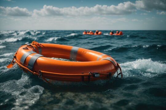 Safety equipment Orange lifebuoy in the blue sea. ai generative