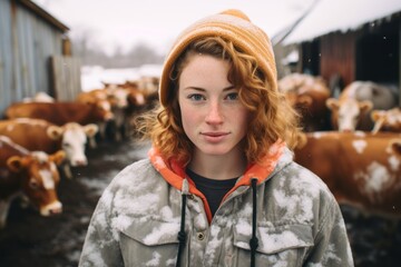 a modern young female farmer taking care of her cattle, cows and bulls on a canadian or danish farm. Student in dirty clothes working with animals in winter.