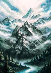 Fotobehang Ultra sharp view of the landscape. High mountain peaks rise above the river and coniferous forest. Gray mystical sky and wild nature. A magical futuristic fantasy world. A scene from a game or movie. © NEONOW