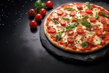 Close up front view of fresh hot pizza on black stone luxury table, junk food . Generative Ai.