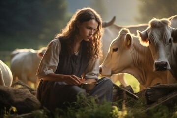 a pastoral rural image of a vintage young female farmer taking care of her cattle, cows and bulls on a canadian or danish farm. Student working with animals in summer.