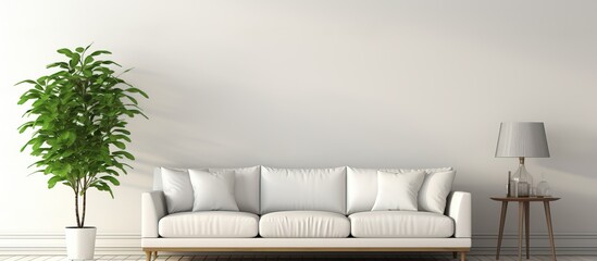 Scandinavian living room with a white sofa shown in a illustration