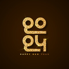 Happy new year 2024 typographic text poster design celebration. Glowing golden numbers and dark background vector illustration.