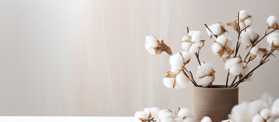 Fluffy cotton flowers on white table in cozy room perfect for adding text