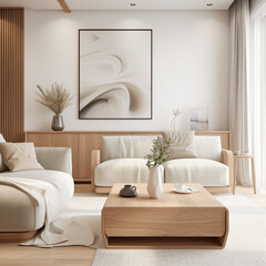 Wooden unit in spacious room. Scandinavian home interior design of modern living room. Created with generative AI