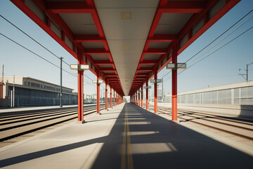 architecture by ai, empty train station platform with empty tracks, symmetric composition, photorealistic // ai-generated - Powered by Adobe