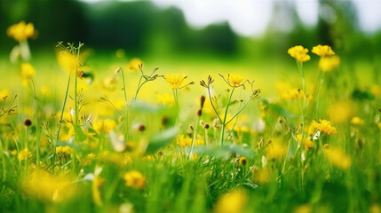 Blooming Yellow Flowers in a Verdant Summer Meadow. Generative AI