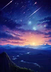 Landscape view on falling stars perseids, clear dark night sky. Generative Ai.