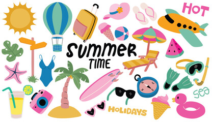 Summer beach set. Cartoon sea and ocean recreation attributes, parasol sunglasses ball slippers and towels. Vector summer vacation set	