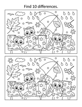 Autumn kittens difference game and coloring page activity
