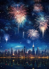 Fototapeta premium Landscape view on fireworks, clear dark night sky. Generative Ai.