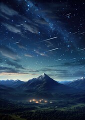 Landscape view on falling stars perseids, clear dark night sky. Generative Ai.