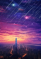 Fototapeta premium Landscape view on falling stars perseids, clear dark night sky. Generative Ai.